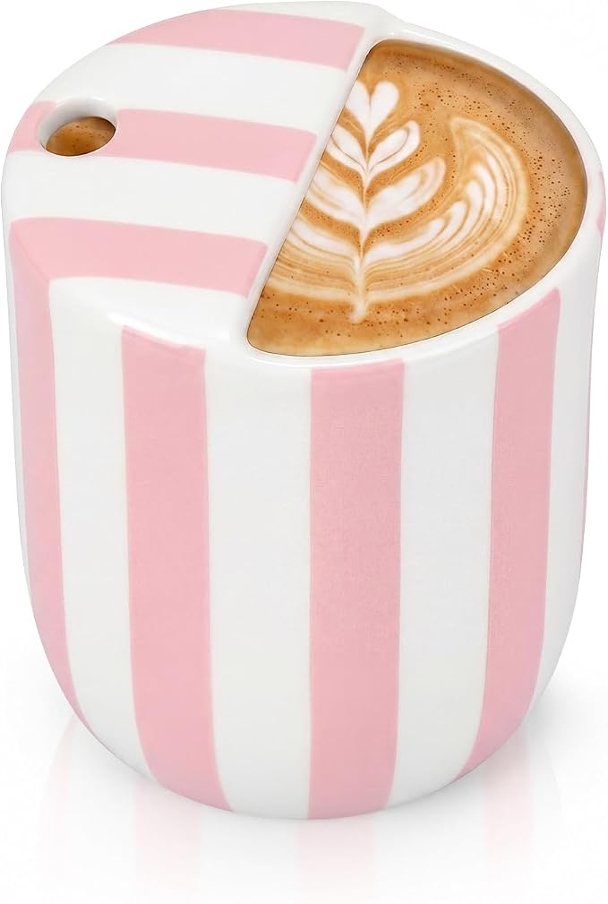 Ceramic Mug with Sip Hole 10 oz Novelty Pink Striped Ceramic Coffee Mug Hand Painted Travel Mugs Heat Resistant Non Slip Built in One Lid Handcraft Mugs for Coffee Lovers Appreciation Gift