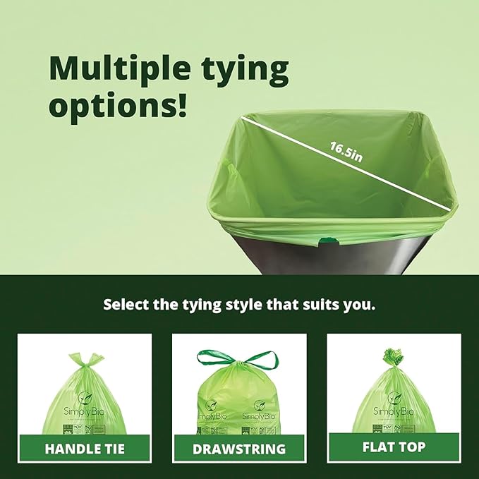 13 Gallon Compostable Trash Bags with Handle-Tie, Thick 0.87 Mil, 49.21 Liter, 30 Bags, Tall Kitchen Food Scrap Waste Bag, ASTM D6400, US BPI and OK Compost Home Certified