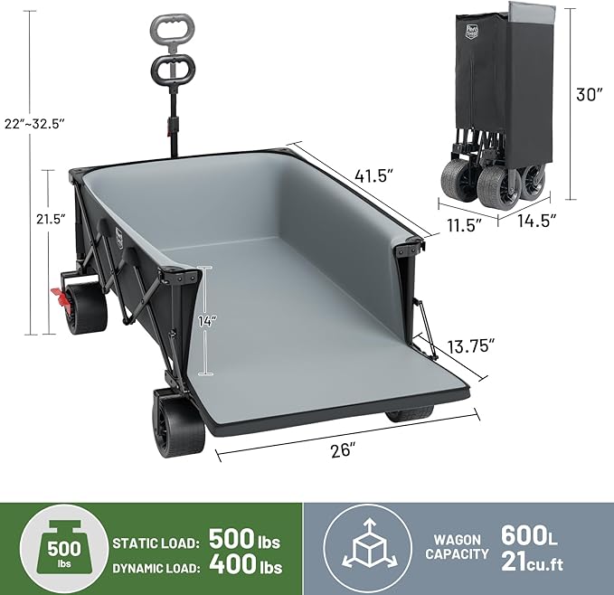 TIMBER RIDGE 600L Beast Wagon 26" W Extra Wide All Terrain Folding w/Big Wheels, Cargo Net & Tailgate, 26" W and 55.25" L, Capacity and 400lbs Heavy Duty Collapsible Portable Cart, Grey