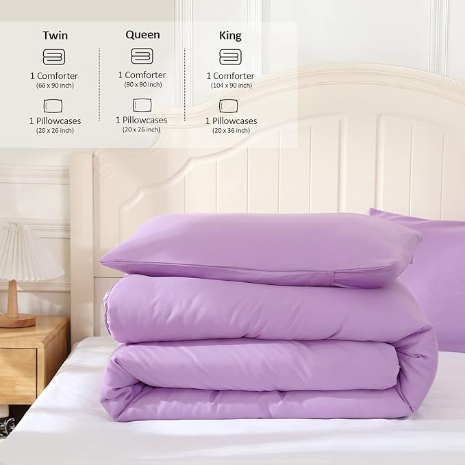 Lavender Purple Comforter for Queen Size Bed, Full Modern Bedding Set for Girls, Soft & Lightweight Chic Microfiber Bed Sets, 3 pcs-1 Comforter & 2 Pillowcases (90"x90")