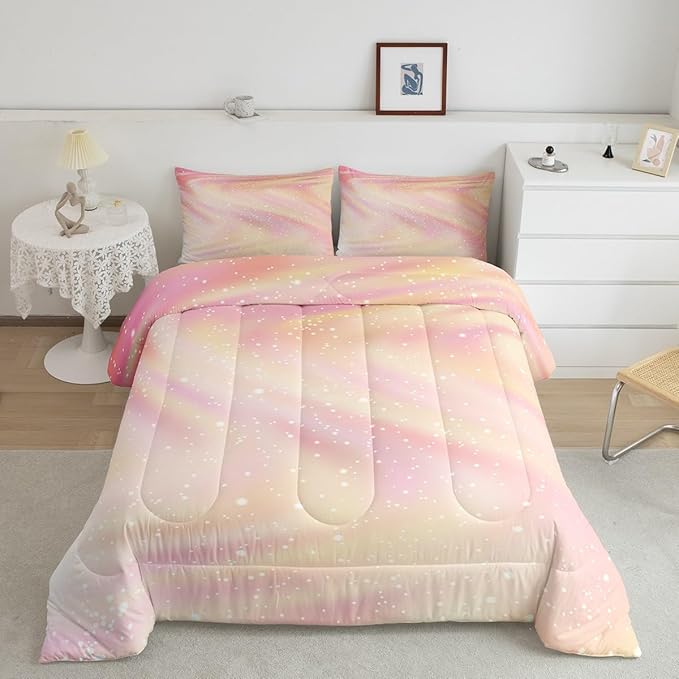 Erosebridal Girly Pastel Galaxy Bedding Comforter Sets King Size, Glitter Galaxy Bedding Tie Dye Gradient Sparkle Comforter Set for Boys Girls Teenagers Bedroom, Pink Yellow Ombre Duvet Insert, 3 Pcs
