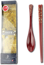 Premium Japanese Chopsticks with Spoon Reusable [ Made in Japan ] Traditional Lacquer Art Wooden Chopsticks (Gold Flower RD(YM2002))