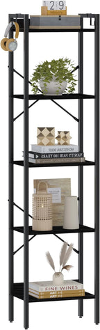 Bookshelf, Book Shelf, Industrial Bookcase with 2 Hooks, Coner Shelf Storage Organizer for Home Office, Living Room, Bedroom, Kitchen, 5-Tier Black BC10504B