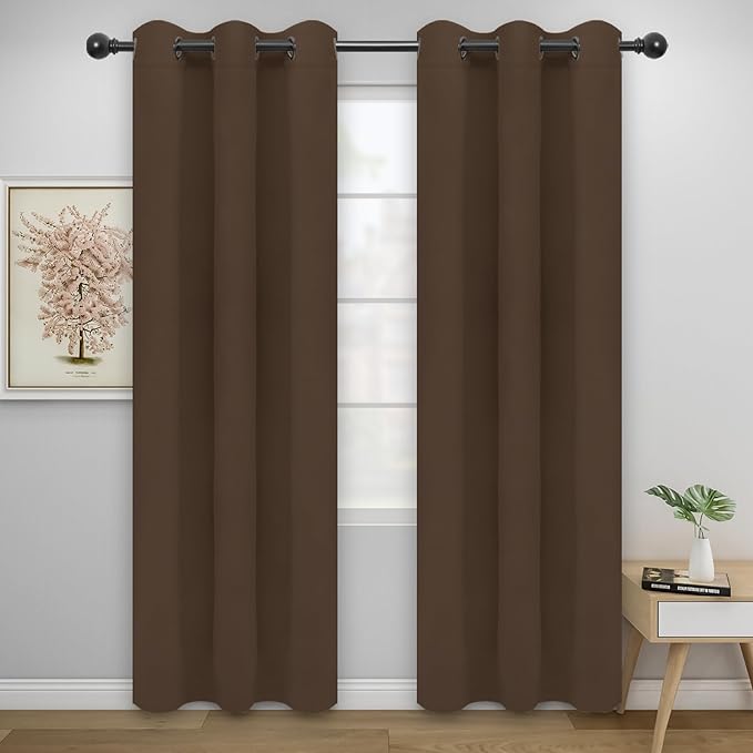 Easy-Going Blackout Curtains for Bedroom, Solid Thermal Insulated Grommet and Noise Reduction Window Drapes, Room Darkening Curtains for Living Room, 2 Panels (42x84 in, Brown)