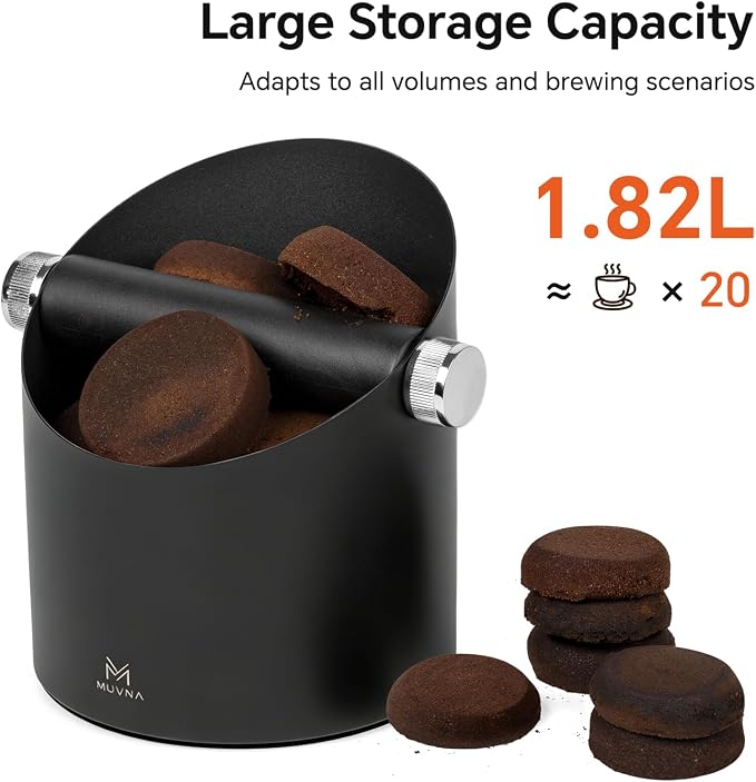 Espresso Knock Box – 20 Pucks Capacity Coffee Grounds Bin, Silent Removable Silicone Bar & Non-Slip Base, Slanted-Mouth Waste Bin For Home Baristas, Espresso Machines Accessories, Deep Black