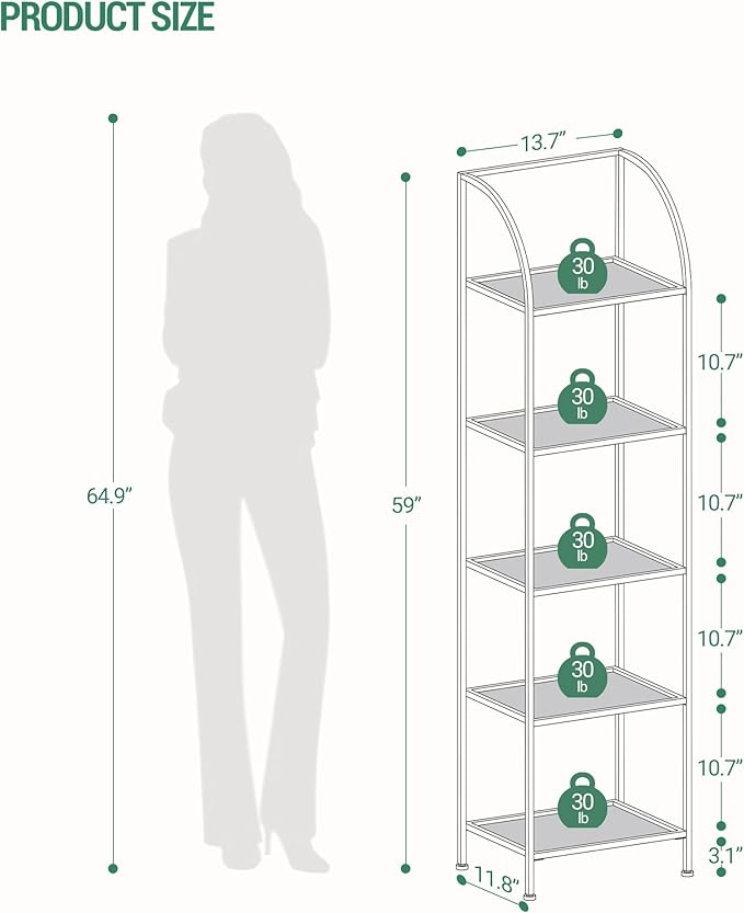 Bookcase Bookshelf, Tempered Glass Arched Bookshelf for More Storage, Slim Shelving Unit for Bedroom, Bathroom, Home Office, Steel Frame, 5 Tier Gold BC20599G