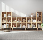 IOTXY Open Cube Low Bookcase - 3-Tier Freestanding Storage Display Cabinet Organizer with Legs for Home Office, 9-Cubes Open Shelf Short Bookshelf, Oak