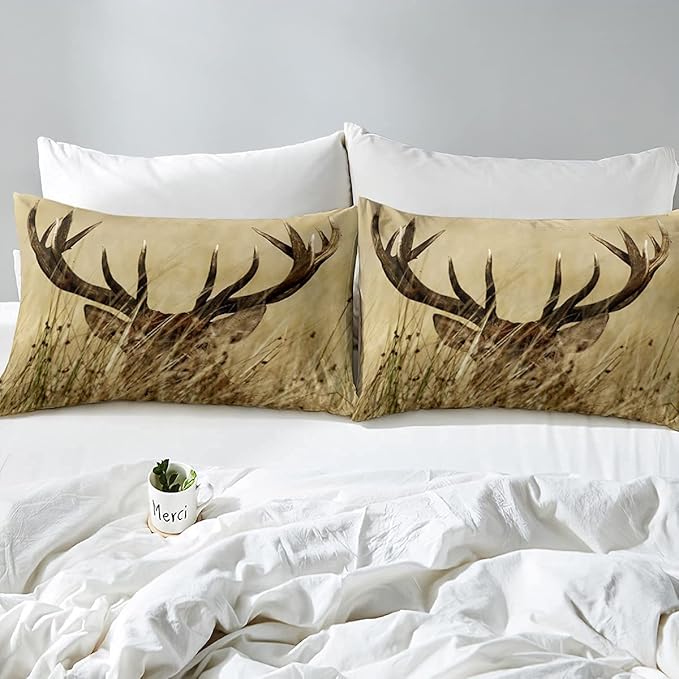 Christmas Antler Comforter Set Queen, Whitetail Deer Down Comforter, Stag Quilted Duvet, Countryside Rural Hunting Theme Comforter Set for Living Room Bedroom Decor All Season, Ultra Lightweight