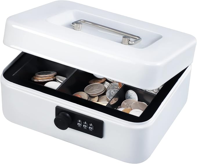 KYODOLED Cash Box with Combination Lock,Safe Metal Box for Money,Storage Lock Box with Money Tray,7.87"x 6.30"x 3.54" White Medium