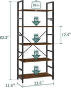 Yoobure 5 Tier Bookshelf - Tall Book Shelf Modern Bookcase for CDs/Movies/Books, Rustic Book Case Industrial Bookshelves Book Storage Organizer for Bedroom Home Office Living Room Rustic Brown