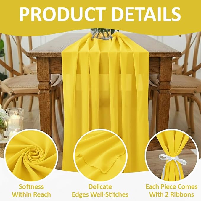Pack of 25 | Yellow | 14ft Chiffon Table Runner 29x170 Inches Long Romantic Rustic Sheer Gauze Runner for Wedding Bridal Shower Birthday Banquets Engagement Spring Easter Boho Decorations