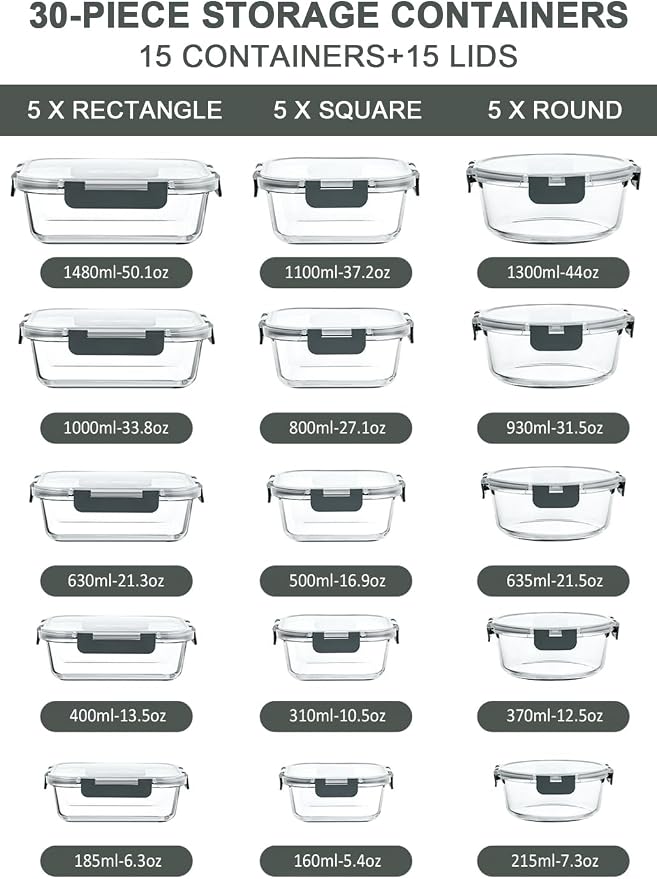 M MCIRCO 30 Pieces Extra-Large Glass Food Storage Containers with Snap Locking Lids,Glass Meal Prep Containers Set - Airtight Lunch Containers, Microwave, Oven, Freezer and Dishwasher