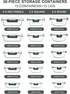 M MCIRCO 30 Pieces Extra-Large Glass Food Storage Containers with Snap Locking Lids,Glass Meal Prep Containers Set - Airtight Lunch Containers, Microwave, Oven, Freezer and Dishwasher