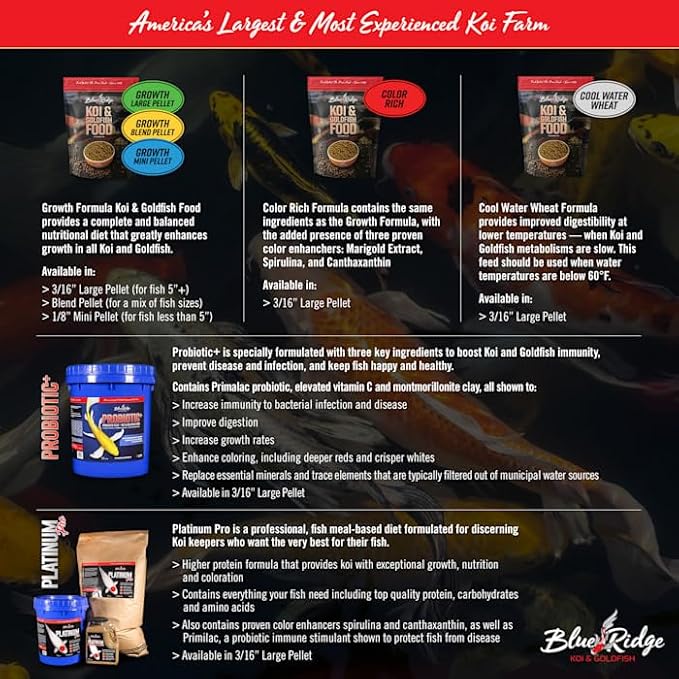 Blue Ridge Koi Fish Food 14lb - Koi Food 3/16” Large and Mini Blend Growth Formula, Goldfish Food, Premium Fish Food for Ponds, Ponds Fish Food, Floating Pond Pellets