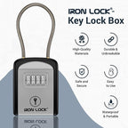 Iron Lock® Key Lock Box with Code, Portable Cable Shackle (Small, Grey) | Holds 2-3 house keys or an access card; 11-in steel cable loops on gate or rail; weather-resistant; no app or battery