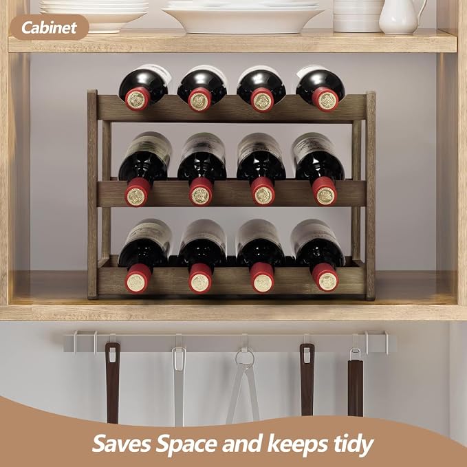 Bamboo Wine Rack, Sturdy and Durable Wine Storage Cabinet Shelf, Wine Racks Countertop for Pantry - 3 Tiers 12 Bottle Wine Rack, Moca