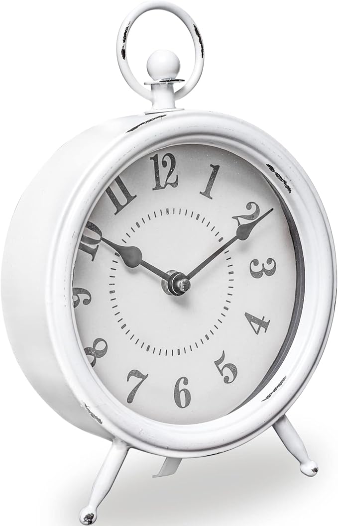 Vintage Rustic White Table Clock on Stand, Decorative Desk & Shelf Clock, Rustic Mantel Farmhouse Non-Ticking
