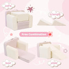 3-in-1 Toddler Chair Comfy Kids Sofa Chair,Toddler Couch Fold Out with Folding Ottomans,Foldable Baby Couch for Girls and Boys,Convertible Kids Chair Cozy to Lounger Pull Out for Playroom,Beige Pink