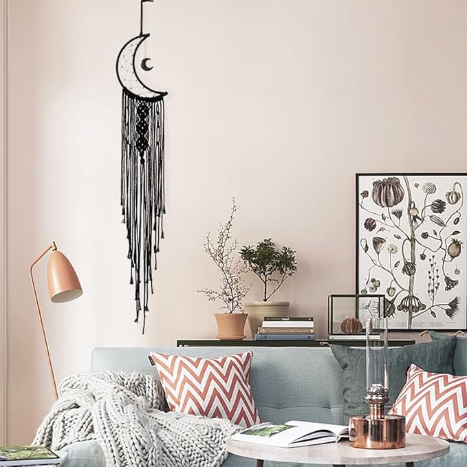 MOONFLY Black Moon Dream Catcher with Handmade Woven Cotton Dream Catchers Boho Macrame Wall Hanging Home Decoration Ornament Craft Gift (Black Moon)
