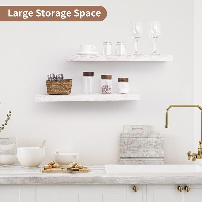Axeman Floating Shelves for Wall, 24''W x 8''D Rustic Solid Elm Wood Wall Shelves for Storage, Wall Mounted Display Shelving with Invisible Heavy-Duty Metal Bracket (White Wash, 2PCs)