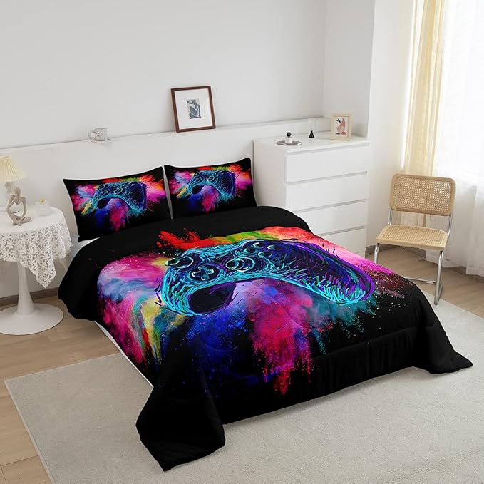 Erosebridal Boys Gaming Bed Comforter Set Queen Size,Kids Gamer Bedding Sets Girls,Colorful Tie Dye Video Game Quilt Comforter Navy Blue Gamepad Lightweight Bedding Set 1 Comforter with 2 Pillowcases