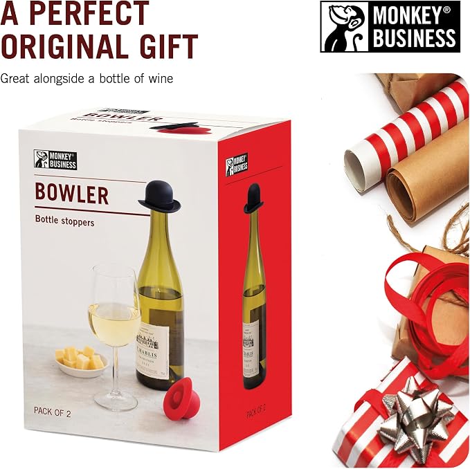 Monkey Business Silicone Wine Stopper | Seals Bottle and Keeps Wine Fresh/Cute Wine Accessories/Kitchen Gadgets/Bowler Hat Bottle Stopper (Set of 2)