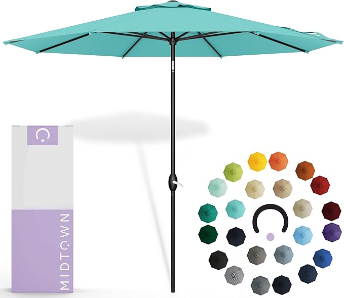 Midtown Umbrellas Sunbrella Umbrella 9 Feet Outdoor Umbrella With Sunbrella Aruba Acrylic Fabric - Auto-Tilt Aluminum Frame Patio Umbrella For Backyard, Deck, Garden, Pool - Black Pole