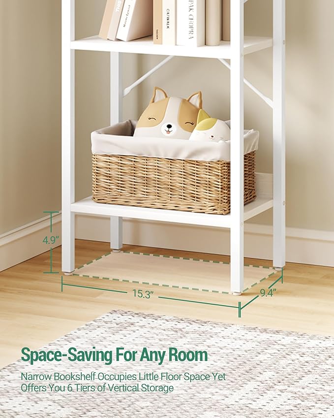Bookshelf, Book Shelf, Industrial Bookcase with 2 Hooks, Coner Shelf Storage Organizer for Home Office, Living Room, Bedroom, Kitchen, 6-Tier White BC10713W