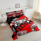 Erosebridal Gamer Comforter Sets for Boys Full Size,Gaming Bedding Sets for Boys Kids Teens Gamepad Gaming Comforter Set Game Room Decor,Red Black 3Pcs