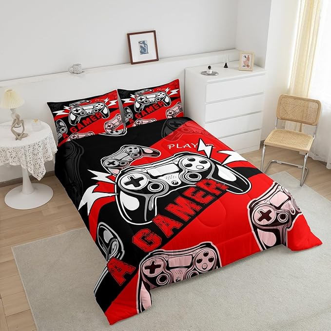 Erosebridal Gamer Comforter Sets for Boys Full Size,Gaming Bedding Sets for Boys Kids Teens Gamepad Gaming Comforter Set Game Room Decor,Red Black 3Pcs