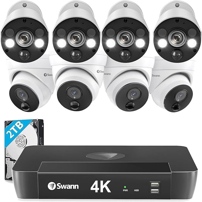 Swann Home Security Camera System with 2TB HDD, 8 Channel 8 Cam, POE Cat5e NVR 4K HD Video, Indoor or Outdoor Wired Surveillance CCTV, Color Night Vision, Heat Motion Detection, Dome Cams, 886808FB