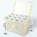 storageLAB Wine Glass Storage Case | Hard Shell Felt Dividers | Cream | Hard shell case holds 12 wine glasses in 4x4 felt compartments. Stackable, top-load, label tag. Cream linen finish.