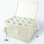 storageLAB Wine Glass Storage Case | Hard Shell Felt Dividers | Cream | Hard shell case holds 12 wine glasses in 4x4 felt compartments. Stackable, top-load, label tag. Cream linen finish.