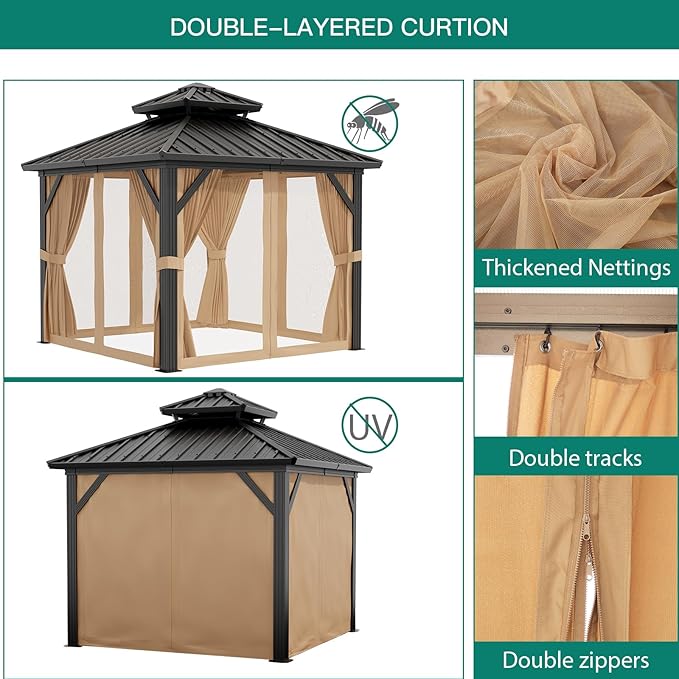 10'x10' Hardtop Gazebo, Heavy Duty Aluminum Permanent Hardtop Gazebo Outdoor Pavilion with Curtains and Netting for Garden (Khaki, 10'x10')