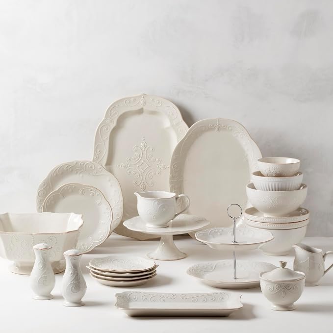Lenox French Perle White Stoneware Centerpiece Serving Bowl | dishwasher safe, microwave safe | large, for salad or fruit, gift for women, decorative bowl, fruit bowl