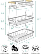 3-Tier Fruit Basket with Banana Hangers, Detachable Metal Bowl | Wooden handle, protective mats included. Versatile holder for bread, snacks, and veggies. Large 3 tier metal design.