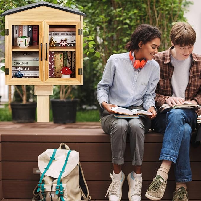 Outdoor Library Outdoor Book Box Storage Small Wooden Cabinet Little Literature Box for Neighborhoods Community and Schools Sharing Books, Flyers, Newspapers, Food and Art (D)
