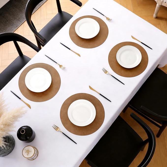 MOSAYT 13 Inch Round Vinyl Placemats Set of 6 - Faux Leather 100% Waterproof Oil-Proof Wipeable PU Place Mats, Heat Resistant Reversible Table Mats for Kitchen, Dining, Outdoor, Reddish Brown