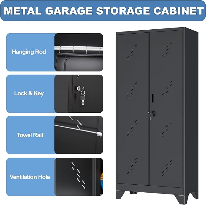 Metal Garage Storage Cabinet with Locking Doors, 71" Tall Broom Closet Storage Cabinet, Heavy Duty Garage Organization Cabinets, Steel Cabinet with Hanging Rod, Assembly Required
