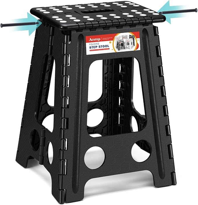 ACSTEP 17.5 Inch Heavy Duty Folding Step Stool for Adults, 400 lbs, Black | Collapsible Stepping Stool for Adults with Handle and Non-Slip Surface, for Kitchen, Garage, Bedroom and Outdoor Tasks
