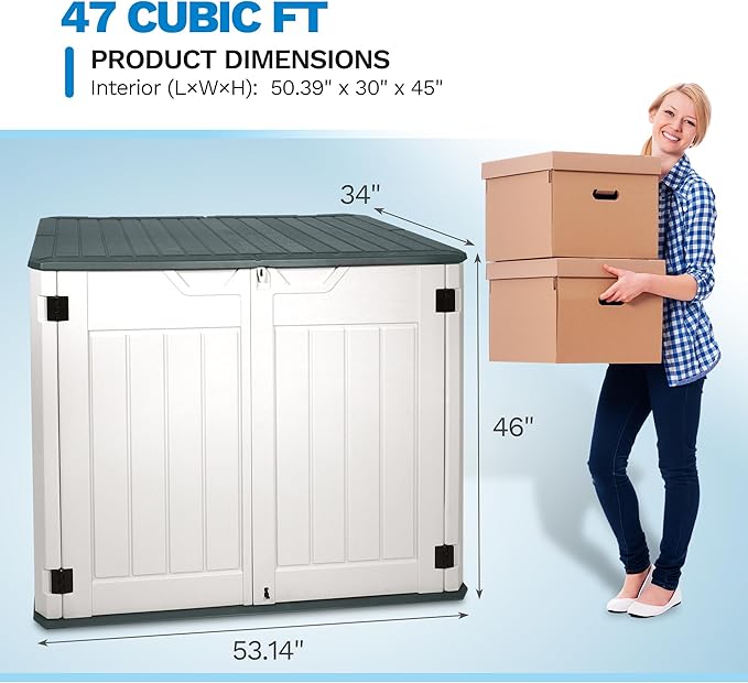 47 Cu ft Outdoor Storage Shed, Large Resin Outdoor Storage Box for Patio Garden Yard Outdoor Storage Cabinet for Tools Pool Supplies - Lockable Deck Boxes Outdoor Waterproof