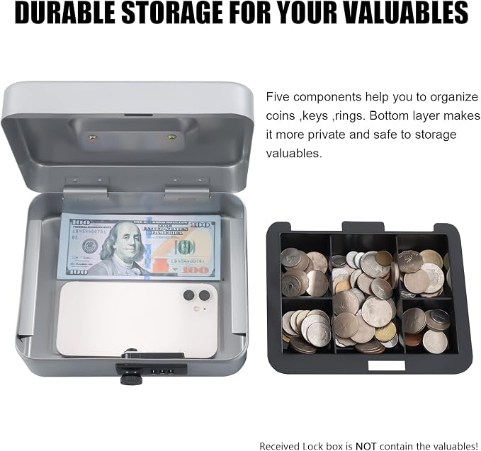 KYODOLED Cash Box with Combination Lock,Safe Metal Box for Money,Storage Lock Box with Money Tray,7.87"x 6.30"x 3.54" Lightgrey Medium