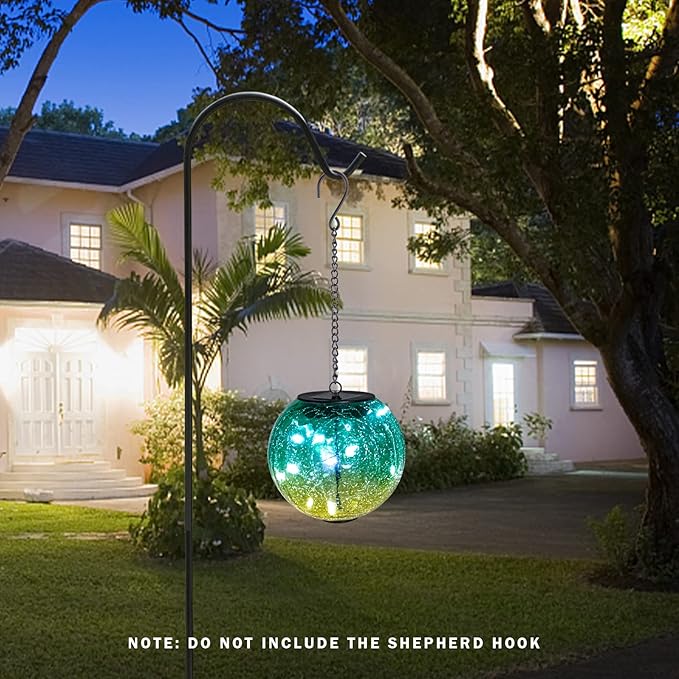 Hanging Solar Lights Outdoor Solar Lanterns Outdoor Decorative Cracked Glass Ball Lights Solar Powered Waterproof LED Globe Lantern for Outdoor Porch Patio Garden Decor Gift Green