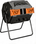Compost Bin, 43-Gal Dual Chamber Composter Tumbler, Black Orange | Steel Frame with 2 Sliding Door and Aeration System, 360° Rotating, Tumbling Composting Bin for Kitchen, Garden, Yard