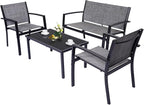 4 Pieces Patio Furniture Set Outdoor Garden Patio Conversation Sets Poolside Lawn Chairs with Tempered Glass Coffee Table Loveseat Porch Furniture Textilene Fabric Grey