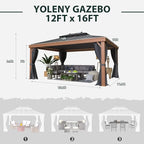 YOLENY 12'x16' Gazebo Wood Grain Aluminum Frame Hardtop Gazebos with Galvanized Steel Roof, Curtains and Nettings for Backyard,Patio and Garden