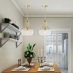 WUZUPS Chandelier Rustic Farmhouse Industrial Round Ceiling Pendant LED Light Fixture with Clear Glass Shades for Dining Room Kitchen Island Foyer Entryway, H 17" x W 13.4", E26 Base, Gold