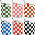 6 Pack Checkered Ceramic Coffee Mug with Sip Hole 10 oz Espresso Cup with Straws Retro Hand Painted Checkered Porcelain Coffee Tea Cup Cappuccino Latte Mug for Kitchen Dining Travel