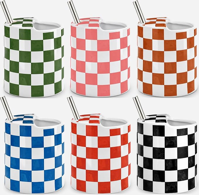 6 Pack Checkered Ceramic Coffee Mug with Sip Hole 10 oz Espresso Cup with Straws Retro Hand Painted Checkered Porcelain Coffee Tea Cup Cappuccino Latte Mug for Kitchen Dining Travel