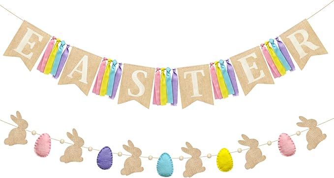 Easter Party Decorations Burlap Rabbit Bunny 3D Felt Egg with Wood Beads Garland Felt Easter Sign Burlap Pennant Banner Flag with Pastel Ribbon for Easter Spring Birthday Baby Shower Party Supplies